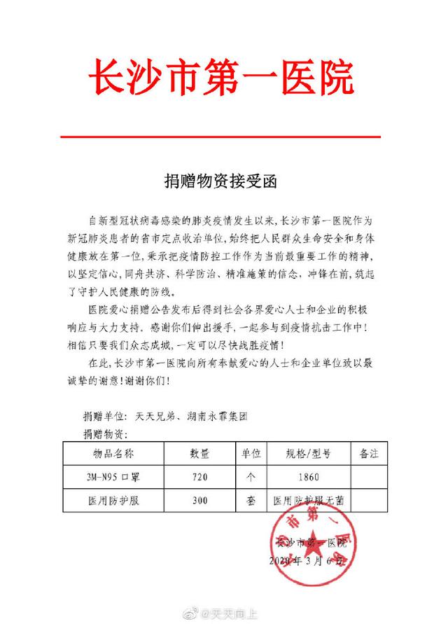 天天兄弟向湖南的抗疫一线医院捐物资